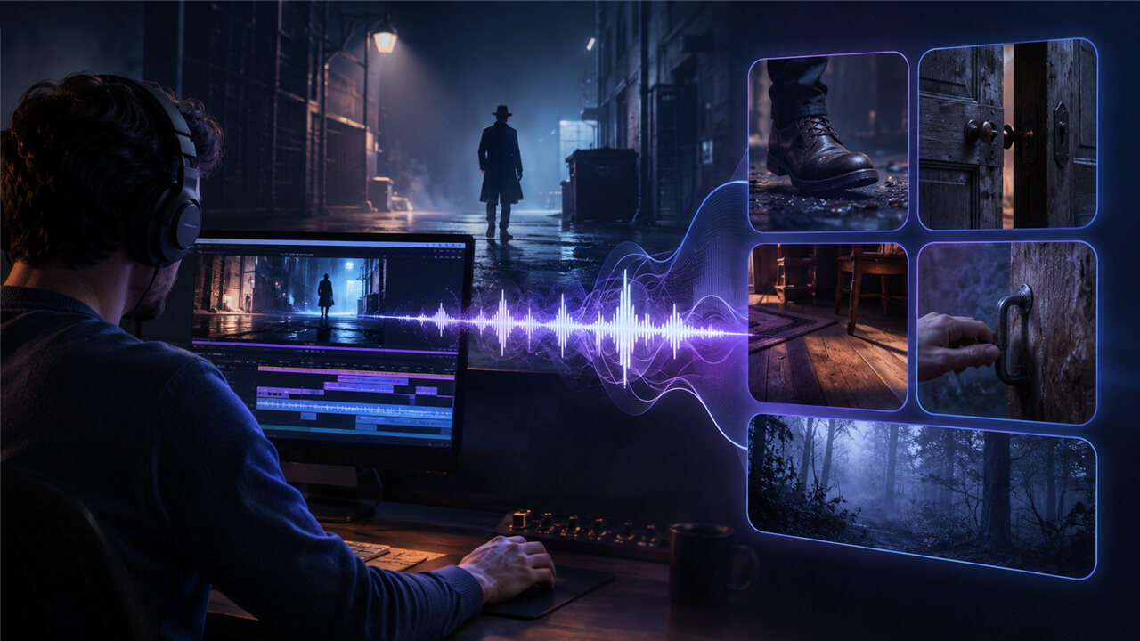 Film and video editor designing foley and cinematic sound effects