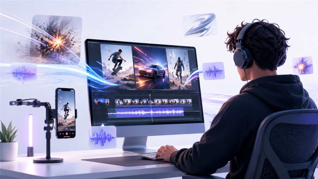 Short-form video creator editing sound effects for social media videos
